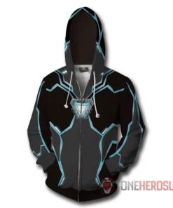 OneHeroSuits Iron Man Hoodies Iron Heart Blue Creative Printed Zip-Up Hooded Sweatshirt