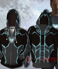 OneHeroSuits Iron Man Hoodies Iron Heart Blue Creative Printed Zip-Up Hooded Sweatshirt
