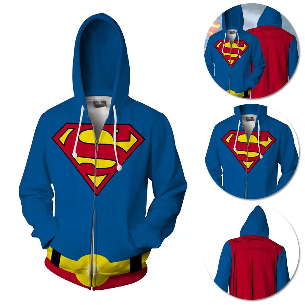 OneHeroSuits Superman Hoodie Clark Kent Blue Creative Printed Zip-Up Hooded Sweatshirt Cozy Hoodies